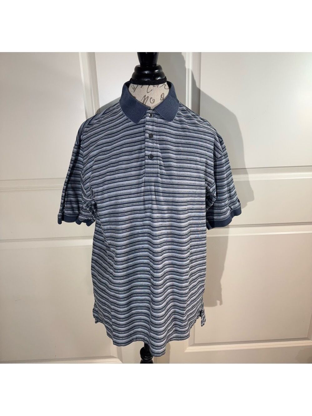 Izod Navy and Gray Striped Cotton Polo Shirt Medium